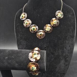 Vintage Operculum Cat Eye Shell Jewelry Set Necklace Bracelet Brown Green